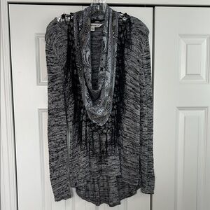 Tantrums Knit Sweater Top with attached Black Fringe Scarf. M